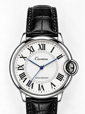 Men's Black Leather Strap Silver Case Watch - White Dial